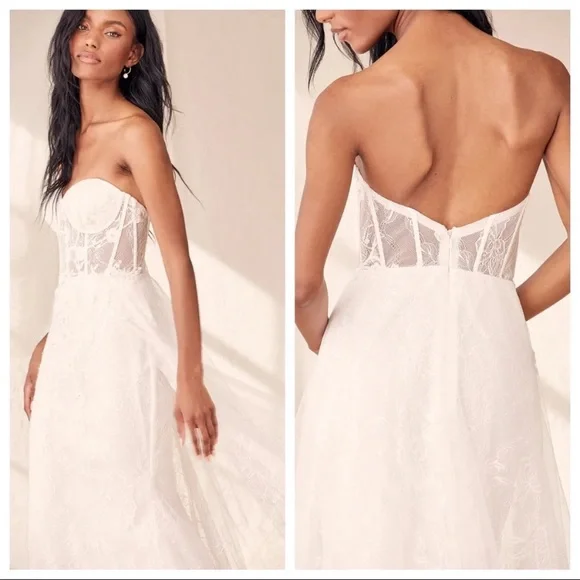 NWOT Lulus Luxe Elegance White Lace Embroidered Rhinestone Strapless Maxi Dress - Picture 5 of 17